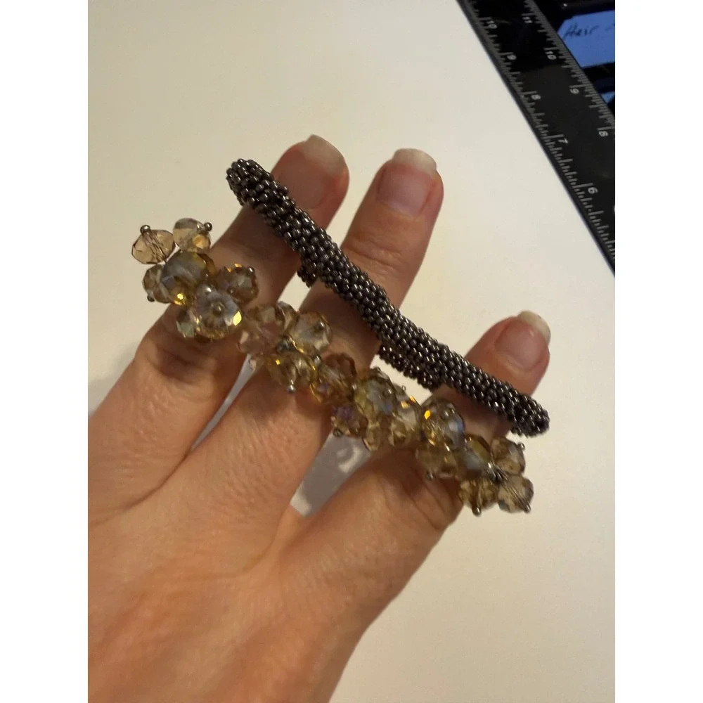 Set‎ of 2 Beaded Stretch Bracelets Amber Crystal and Gunmetal Seed Bead Boho